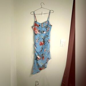 SHEIN Blue Floral Ruched Midi Dress - Size Small